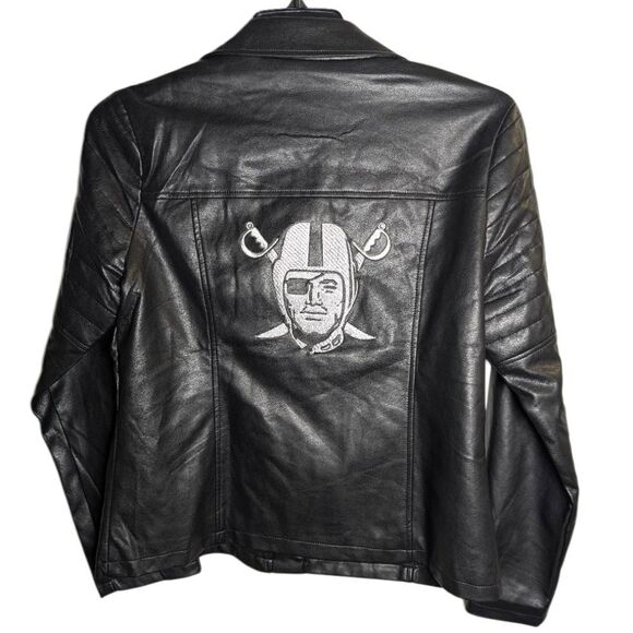 Raiders NFL Las Vegas Black Faux Leather Moto Zip Jacket Womens L NWOT - Picture 3 of 9